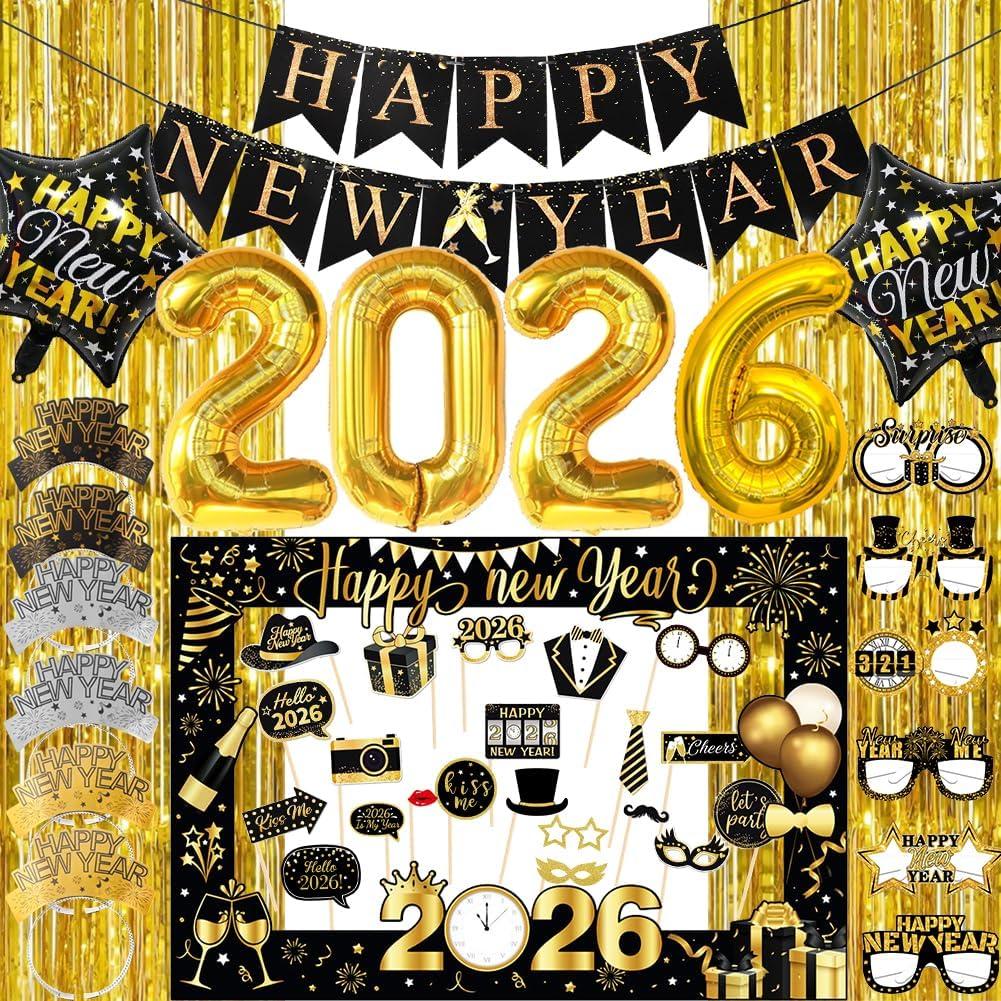 Happy New Years Decorations 2026, New Year Eve Party Supplies Kit Included Foil Curtains Banner Photo Frame Headband Glasses NYE New Year Party Glasses Foil Ballons Party Favor Decor