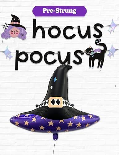 HOUSE OF PARTY Hocus Pocus Halloween Banner & Witch Hat Balloon - Perfect Indoor Halloween Party Decoration with Witch & Black Cat Designs - Ideal for Mantle and Hocus Pocus Party Decorations, Pack of 2