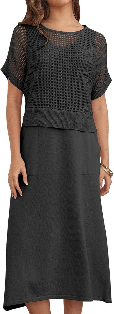 Summer Crochet Two Piece Skirt Set for Women, Short Sleeve Sweater Top and Midi Skirt Set (Large, Black)