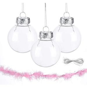 Happy New Year Decoration Ornaments Balls 20pcs,2.36inch Clear Plastic Bauble for Crafting,Christmas Ornaments Balls to Fill with Pink Feathers,DIY Happy New Year 2025 Decorations for Indoor Hanging
