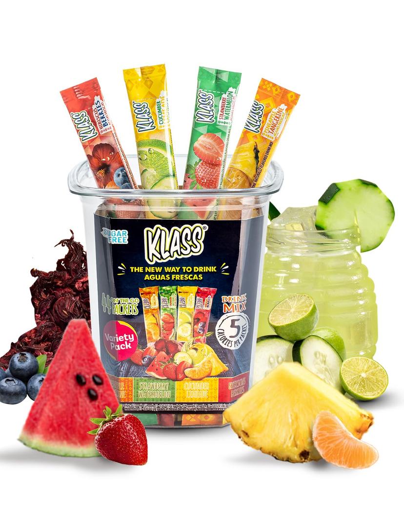 Klass Aguas Frescas Classic Variety | Zero Sugar Drink Mix | 44 Sticks Natural flavors, only 5 calories per packet, caffeine free, cucumber limeade, pineapple tangerine, strawberry and hibiscus, Best By 11/05/2027