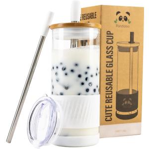 Pandaloo Glass Cups With Lids and Straws -20 Fl Oz- Perfect Size Iced Coffee Cup - Smoothie Cup With Bamboo Lid and On the go Lid - Glass Tumbler With Straw (1 Count (Pack of 1), Coton White)