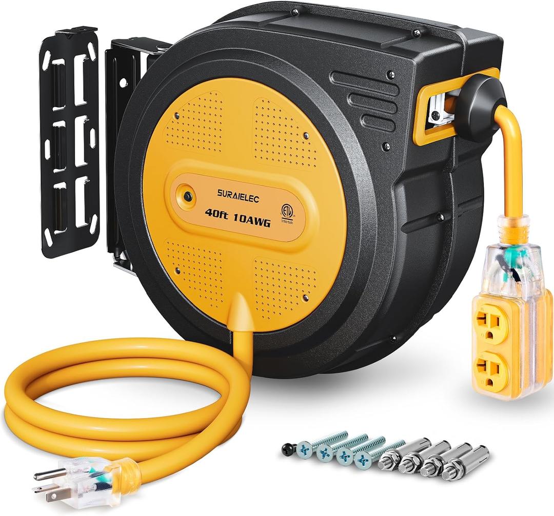 SURAIELEC 10 AWG Retractable Extension Cord Reel, 40 Ft Heavy Duty SJTOW Power Cord, 20A Breaker Protected, 4 Lighted Grounded Outlets, Wall or Ceiling Mount, ETL Listed