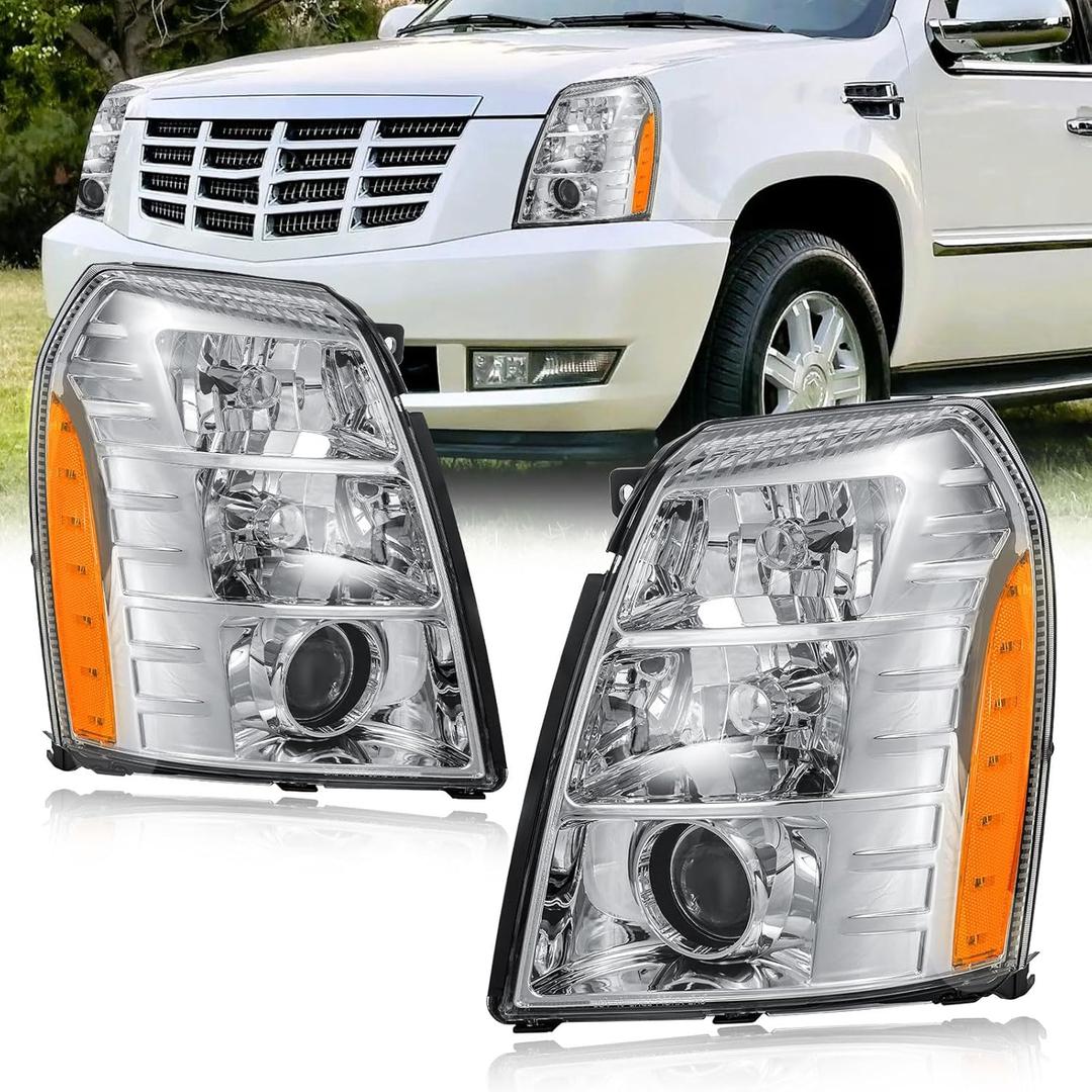 HID Projector Headlight Assembly for 2007-2014 Cadillac Escalade/2007-2014 Escalade ESV/2007-2013 Escalade EXT Left Right Side Headlamp Chrome Housing Amber Reflector