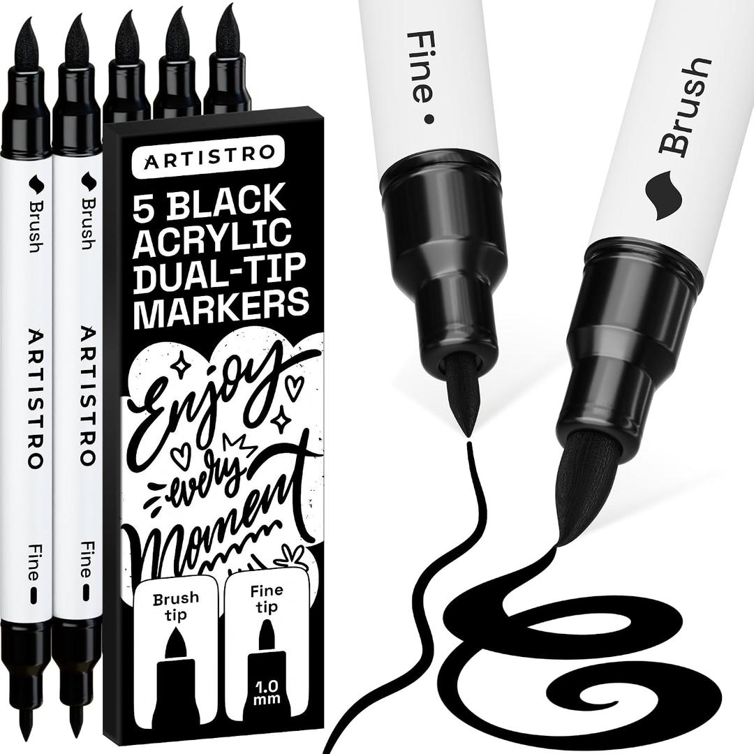 ARTISTRO 5 Black Acrylic Paint Markers - Paint Pens for Drawing, Brush + Fine Tips - For Fabric, Rock, Glass, Wood, DIY - Art & Craft Supplies for Adults, Teens, Kids - Teacher Appreciation Gift