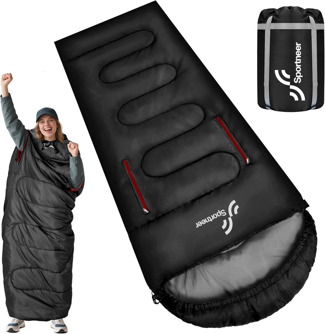 Sportneer Wearable Sleeping Bag for Adults & Kids  Walkable with Arm Zippers, Warm Weather & Cold Waterproof, Compact for Camping, Stadiums, Travel, Backpacking & Car Use (87''Long 32-65, Black)