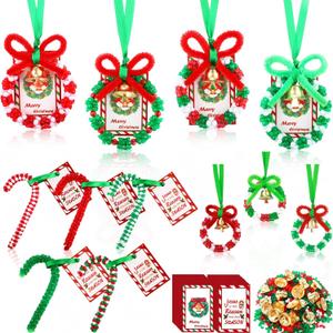 Cinnvoice 48 Sets Christmas Crafts for Adults Christmas Beaded Ornament Kit Includes 24 Candy Canes and 24 Mini Wreaths with Cards Bells for Jesus Religious Christian Decorations Xmas Tree Crafts
