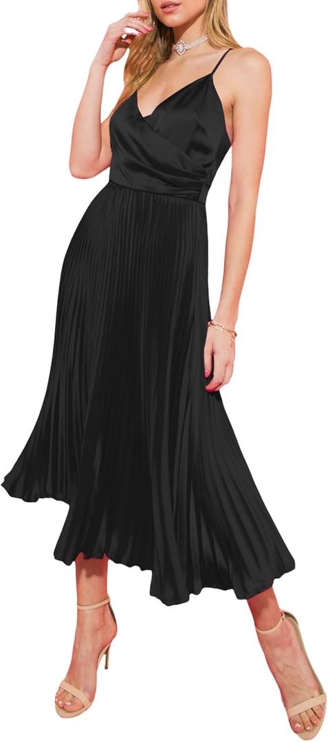 ZAFUL Womens Satin Sexy Backless Wrap V Neck Sleeveless Spaghetti Strap Pleated Flowy Party Midi Dress (Large, 0225-black)