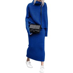 chouyatou Women's Turtleneck 2 Piece Outfits Ribbed Knit Sweater Midi Pencil Skirt Set, L