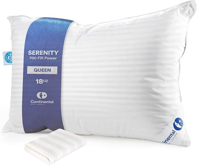Continental Bedding | Serenity Goose Down Pillow | 700 Fill Power Hungarian White Down | 400TC Cotton Damask Shell | Made in USA | Queen, Soft with Protector