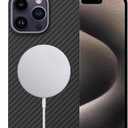 Aramid Fiber Case for iPhone 15 Pro Max with Carbon Fiber Texture (Compatible for MagSafe), Super Slim Light Protective Cover Skin, Soft Touch Sturdy Durable Snap-on Back Cover (Black Built-in Magnet)