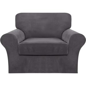 FantasDecor 2 Piece Chair Sofa Covers Velvet for Living Room Slipcovers With Individual Cushion Elastic Furniture Protector For Pets, Machine Washable, Armchair, Gray