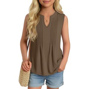 Ficerd Girl's Tank Tops V Neck Sleeveless Summer Shirts Kids Pleated Loose Blouse Dressy Casual Curved Hem Tees 5-14 Years(11-12 Years,Coffee)