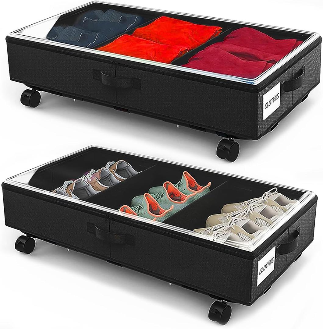 2 Pack Under Bed Storage Rolling Metal Frame Underbed Containers with Wheels Lid Visiable Window Storage Bag Box Organizer Home Closet Organization Drawer Bins for Clothes Shoes Toys Blanketss Black