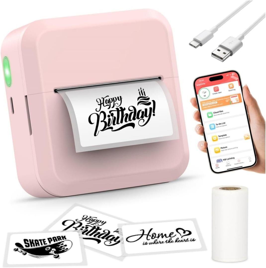 HuiJuKeJi Label Maker Machine with 50 * 30mm Tape, S2 Portable Bluetooth Mini Label Printer Maker with Personalize Templates, Inkless Thermal Sticker Printer for Home/Office/Business/Organization (Pink)