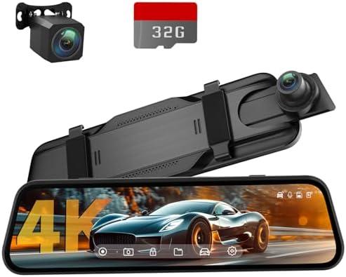 Veement 4K Rear View Mirror Camera, 10'' 4K Mirror Dash Cam with 1080P Backup Camera, Dash Cam Front and Rear for Car with Voice Control, 24H Parking Mode, Night Vision, 32GB SD Card Included