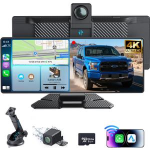 10.26" Portable Carplay Screen for Car, 4K HD Car Stereo Touch Screen with Apple CarPlay and Android Auto, 4K Dash Cam, 1080P Backup Camera, Mirror Link, Voice Control, Bluetooth, GPS, AUX/FM