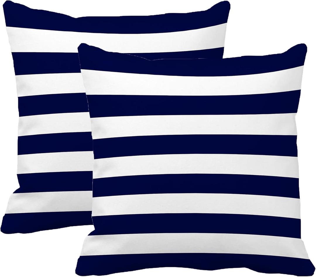 Leaveland Retro Navy Blue Stripe 20x20 Inch Set of 2 Cotton Polyester Square Throw Pillow Case Decorative Durable Cushion Slipcover Home Decor Sofa Porch Standard Size Accent Pillowcase Encasement