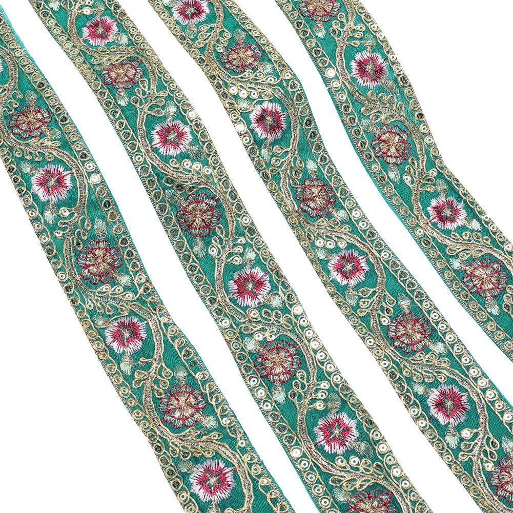10 Yards 1.61 Inch Green Jacquard Ribbon Boho Gold Sequin Bead Flower Embroidery Woven Trim Tape Polyester Floral Embroidered Applique Ribbons for Sewing Making Crafts Cloth Dress Home Decor, Dark Cyan