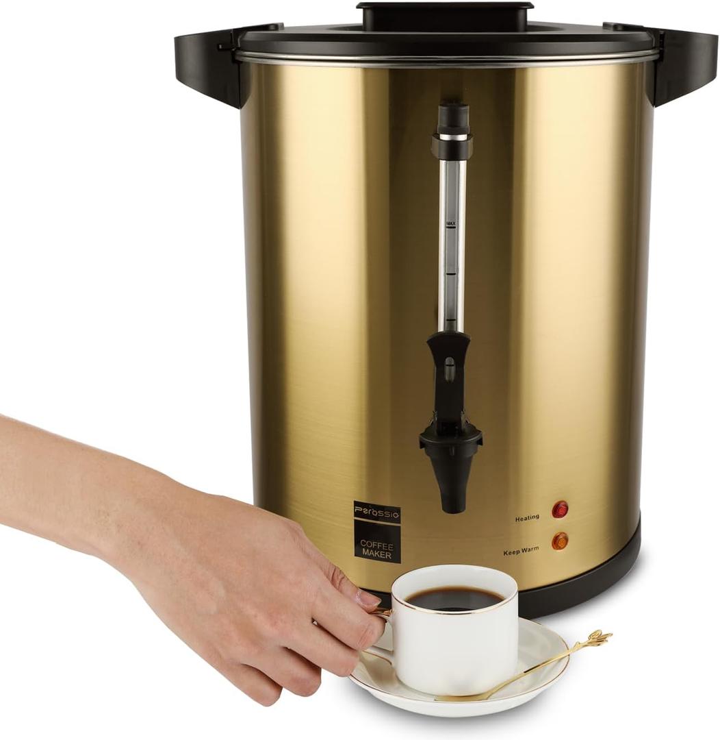 6L Coffee Urn, Hot Beverage Dispenser, Hot Water Urn, Commercial Grade Double Wall Stainless Steel, Electric Coffee Percolator, Large Coffee Maker for Party, Home, Catering, 38-Cup,Gold Color