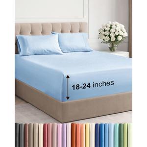 Extra Deep Queen Sheet Set - 4 Piece Breathable & Cooling Bed Sheets - Easily Fits 18 to 24 inch Mattress - Ultra Soft, Wrinkle & Fade Free w/ Extra Deep Pockets - Hotel Luxury Bedding - Light Blue