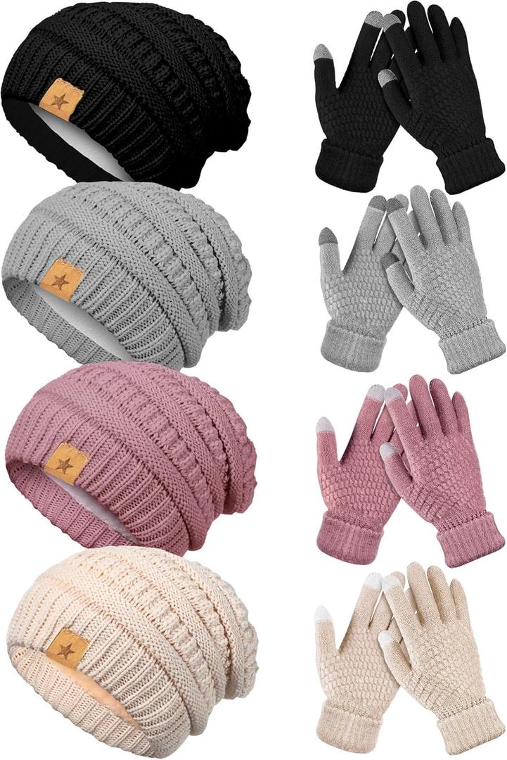 JaGely 8 Pieces Women Winter Hats and Gloves Set Women Warm Touchscreen Knitted Lined Gloves Winter Beanies (Black, Gray, Pink, Beige)