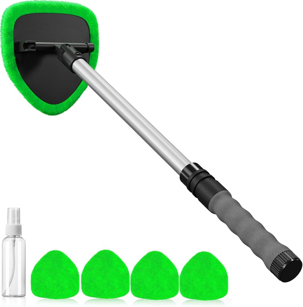 Desin Windshield Cleaning Tool, Car Window Cleaner Windshield Cleaner with 4 Reusable and Washable Microfiber Pads and Extendable Handle Auto Inside Glass Wiper Kit (Green)