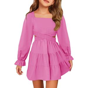 Haloumoning Girls Dresses Long Sleeve Square Neck Crossover Waist Casual A-Line Spring Fall Dress 5-14Y (Pink)