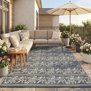 Garvee Outdoor Rugs 9x12 Waterproof Reversible Mat Boho Leaf Patio Rug with 4 Stakes and Starage Bag, Large Outdoor RV Mat Rugs for Camping, Picnic, Balcony, Deck, Backyard, Grey & White