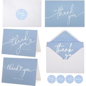 100 Bulk Light blue Thank You Cards with white Envelopes and stickers - 4 Minimalistic Designs Blank Thank You Notes with Envelopes for business Wedding Bridal Gift Baby Shower Business Graduation