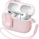 for AirPods Pro 2nd Generation Case Cover, Liquid Silicone Rubber Auto Pop-Up Military Grade Anti-Fall Soft Silicone for AirPods Pro with Keychain & Cleaning Kit, Front LED Visible, Lady Pink