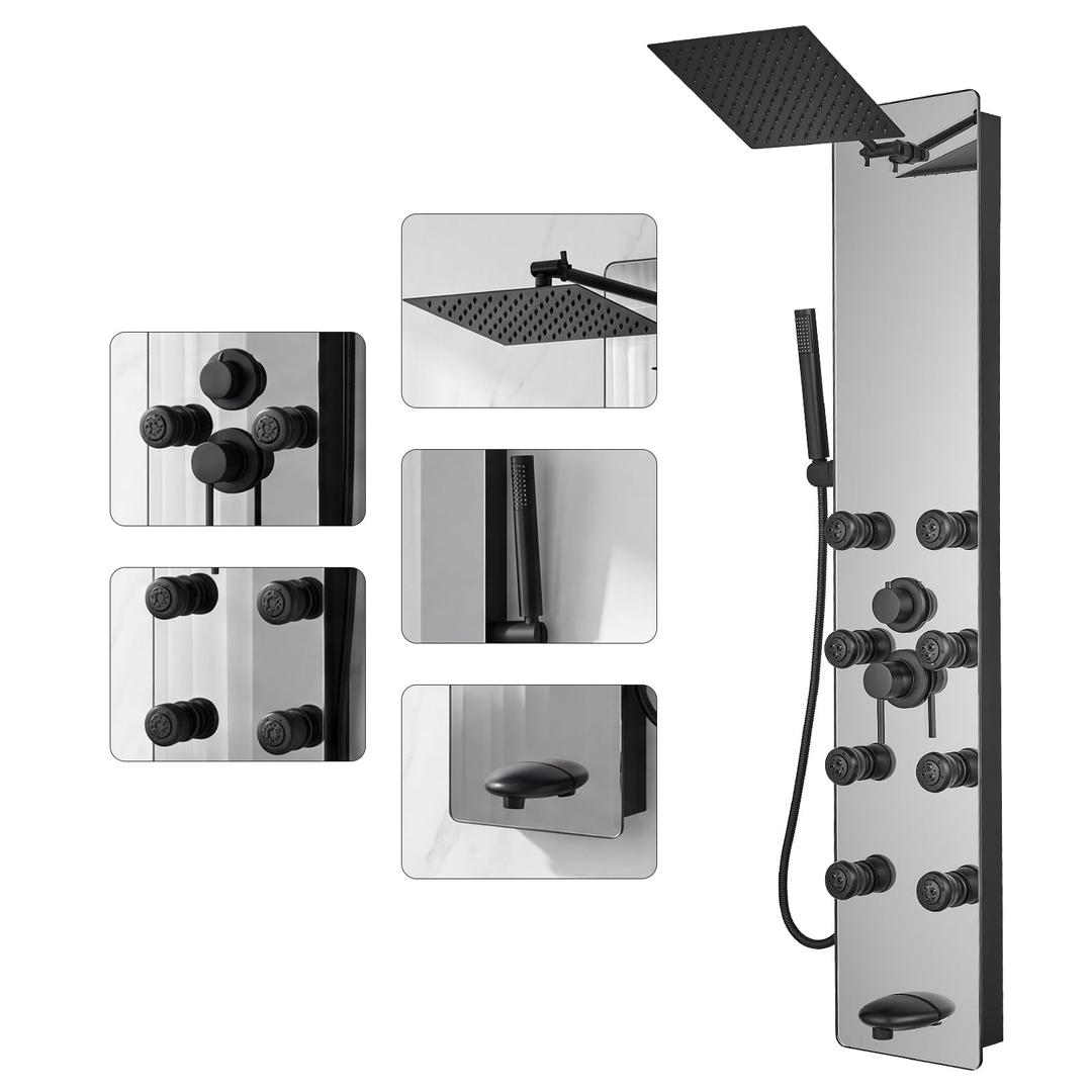 Greenspring Shower Panel Adjustable Rainfall Head, Shower Head Sprayers | Black, Stainless Steel and Glass, Multifunction Shower Panels Tower System, Handheld Shower 2-Setting Body Jets, Tub Spout