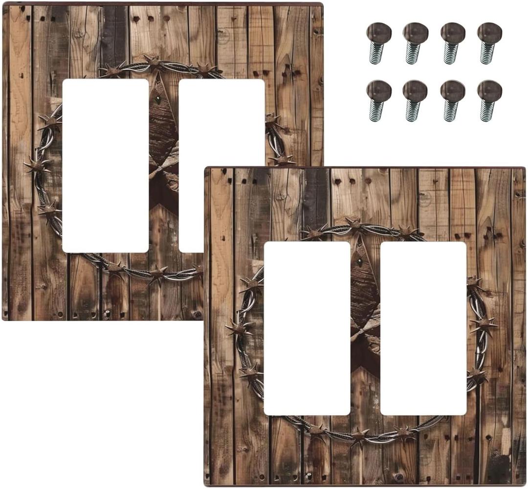 Outlet Covers Rustic Star Western Cowboy Wood 1 Gang Duplex Light Switch Cover Plate Decorative Wall Plates Electrical Switchplate Receptacle for Farmhouse Home Decor（2 Pack）
