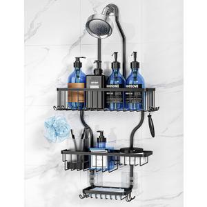 YASONIC Shower Caddy Over Shower Head Never Rust Aluminum Large Hanging Shower Caddy with 10 Hooks for Razor/Sponge - Over The Shower Head Caddy with Soap Basket - Hanging Shower Organizer Black
