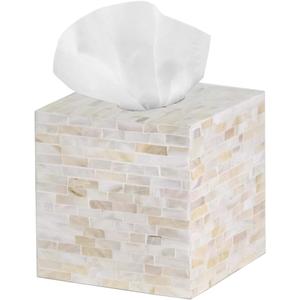 PEMAR 5.9 Handmade Mother of Pearl Tissue Box Cover  Acacia Wood Cube, 5.35 Interior Fits 5 Square Boxes, Sliding Bottom, Lacquer Rustic Farmhouse Decor (Milano)