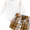 Yccutest Toddler Baby Girl Skirt Outfit Long Sleeve Ruffle Shirt Top Mini Skirt Set 2Pcs Kids Little Girl Clothes Fall Winter (3-6 Months, Romper Top&brown Plaid Skirt)