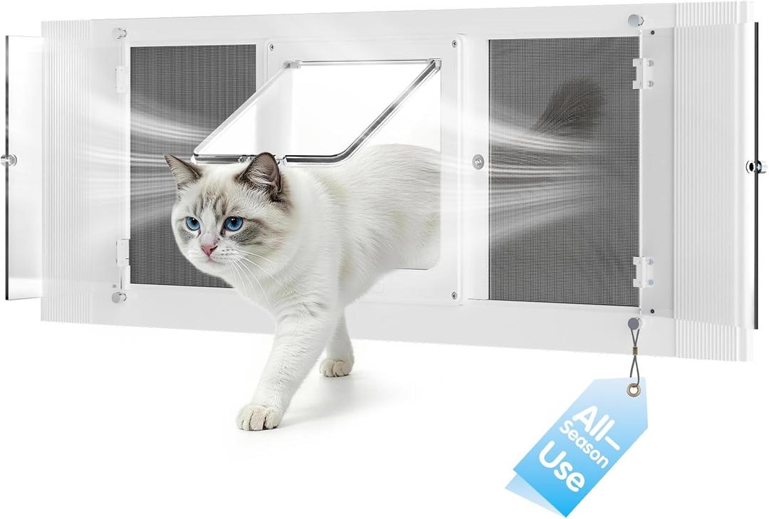All Season Cat Door for Window with Screen Mesh & Clear Acrylic Panel,32"-36" Adjustable Width,Magnetic Closure Weatherproof Window Pet Door,Aluminum Frame Window Cat Door Insert for Sliding Windows