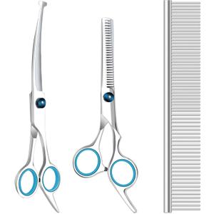 Maxshop Dog Grooming Scissors with Safety Round Tips, Heavy Duty Titanium Pet Grooming Trimmer Kit, Professional Thinning Shears, Curved Scissors with Comb for Dogs and Cats (Set of 3)