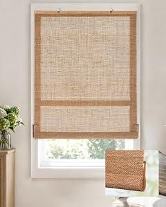 LazBlinds Cordless Bamboo Blinds, Easy Install Roller Shades for Windows, Hook-On Light Filtering Bamboo Shades for Interior Indoor Windows, 46" W x 48" H, Star-Brown