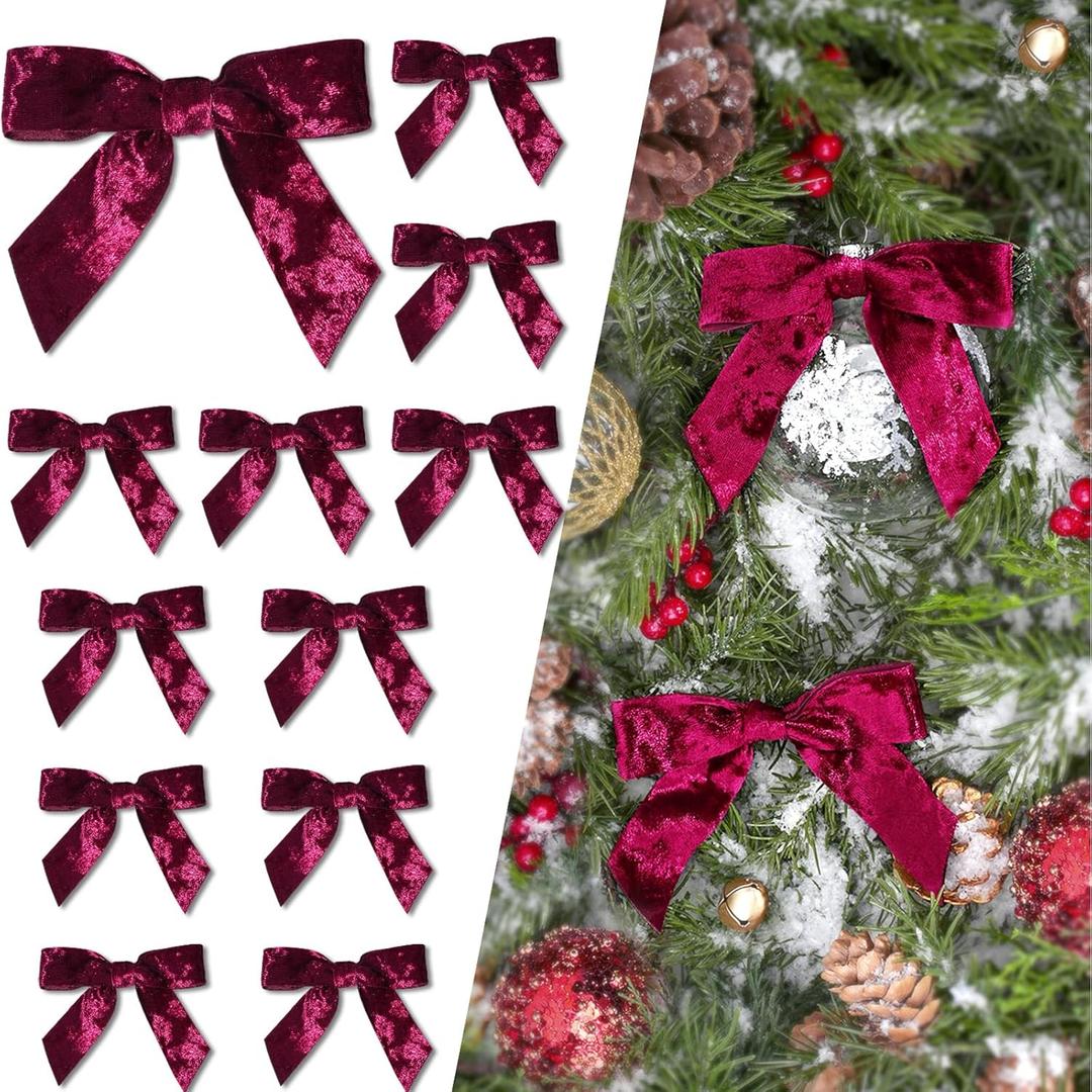 LaRibbons 12 Pack Burgundy Velvet Christmas Bows for Gift Wrapping, 4" x 3.74" Decorative Velvet Gift Bows with Twist Tie for Presents, Tree, Wreath & Holiday Decorations