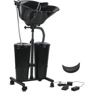 Portable Shampoo Bowl Height Adjustable Hair Washing Station with Electric Pump Dual-Bucket Portable Shampoo Sink with Sprayer for Home Salon Barber Use (Black), 14.8 x 19 inches