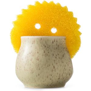 Zoeeker Ceramic Dish Sponge Holder, Sponge Caddy for Kitchen Sink Brush Organizer Scrub Dish Rack for Scrubbers, Bathroom, Sink, Yellow (Barrel-Type)