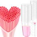 60 Sets Heart Shaped Plastic Cups with Straws 16 oz Disposable Cups with Lid and Straws for Valentines Birthday Wedding Anniversary Party Supplies (White and Pink)
