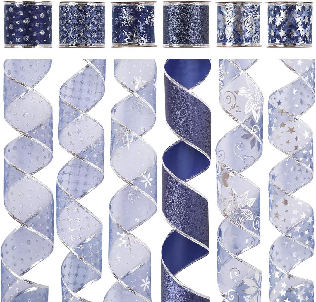 AIMUDI Navy Blue Christmas Ribbon 2.5" Navy and Silver Organza Wired Ribbon for Christmas Trees, Garlands, Wreaths, Gift Wrapping, Crafts, Holiday Crafts, Topper Bow, 6 Rolls 36 Yards