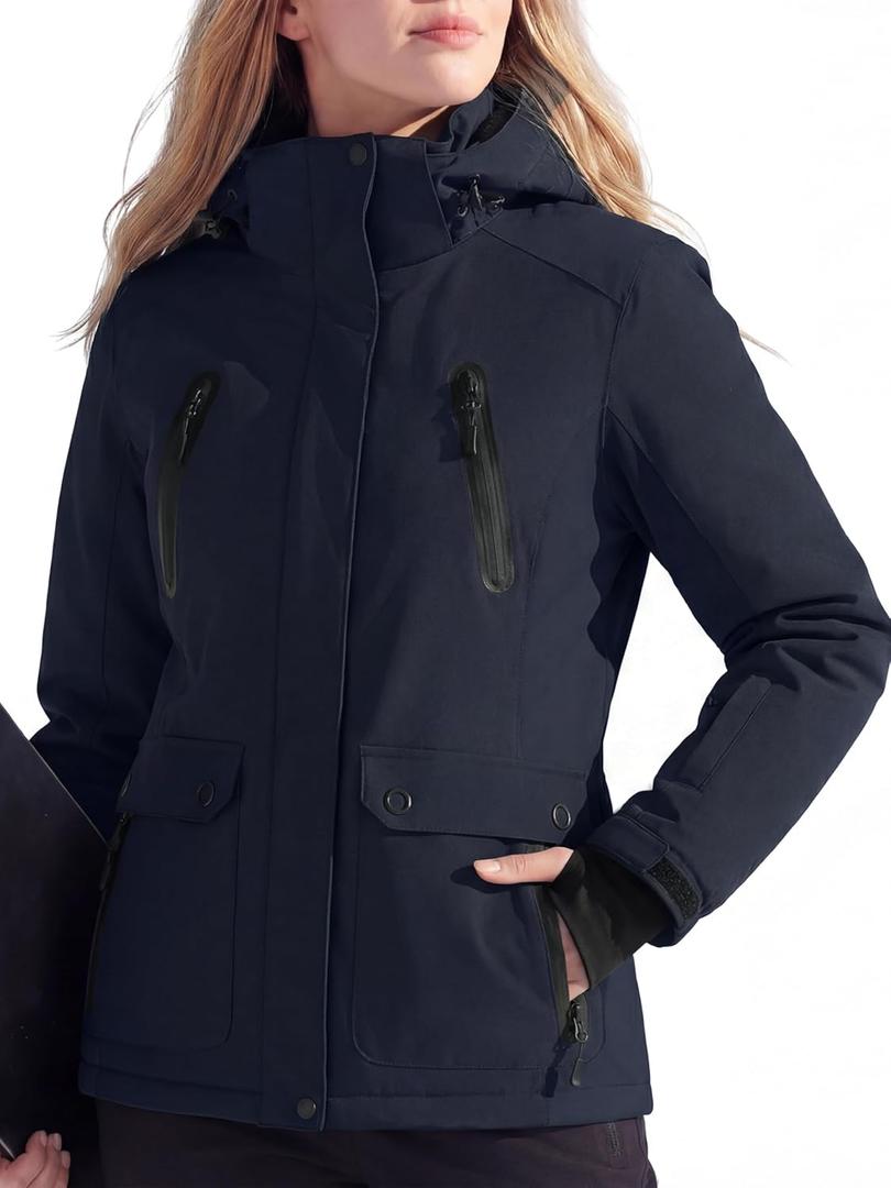 FREE SOLDIER Women's Waterproof Ski Snow Jacket Warm Fleece Lined Winter Rain Jacket with Hood Fully Taped Seams (Medium, Midnight Navy)