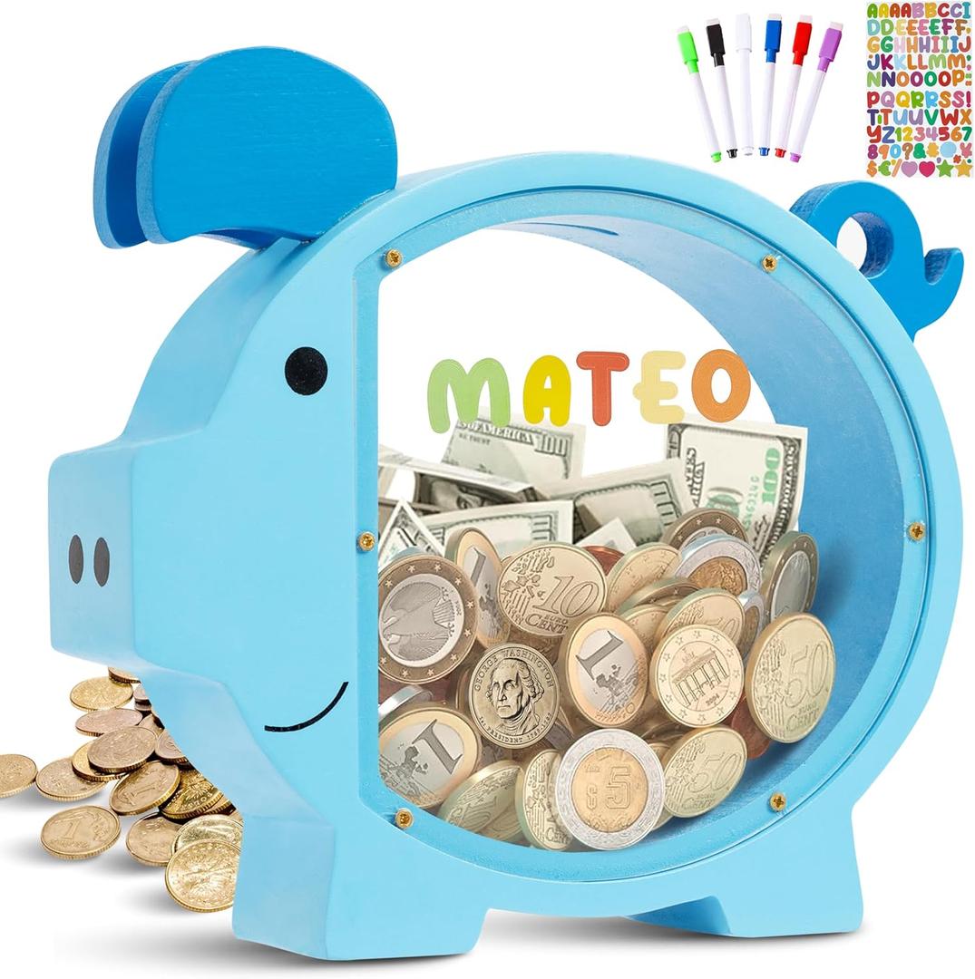 Piggy Bank for Kids, Blue Piggy Bank for Boys, Christmas for Boys and Girls,DIY Custom Name Coin Bank with Letter Stickers for Birthdays, Christmas