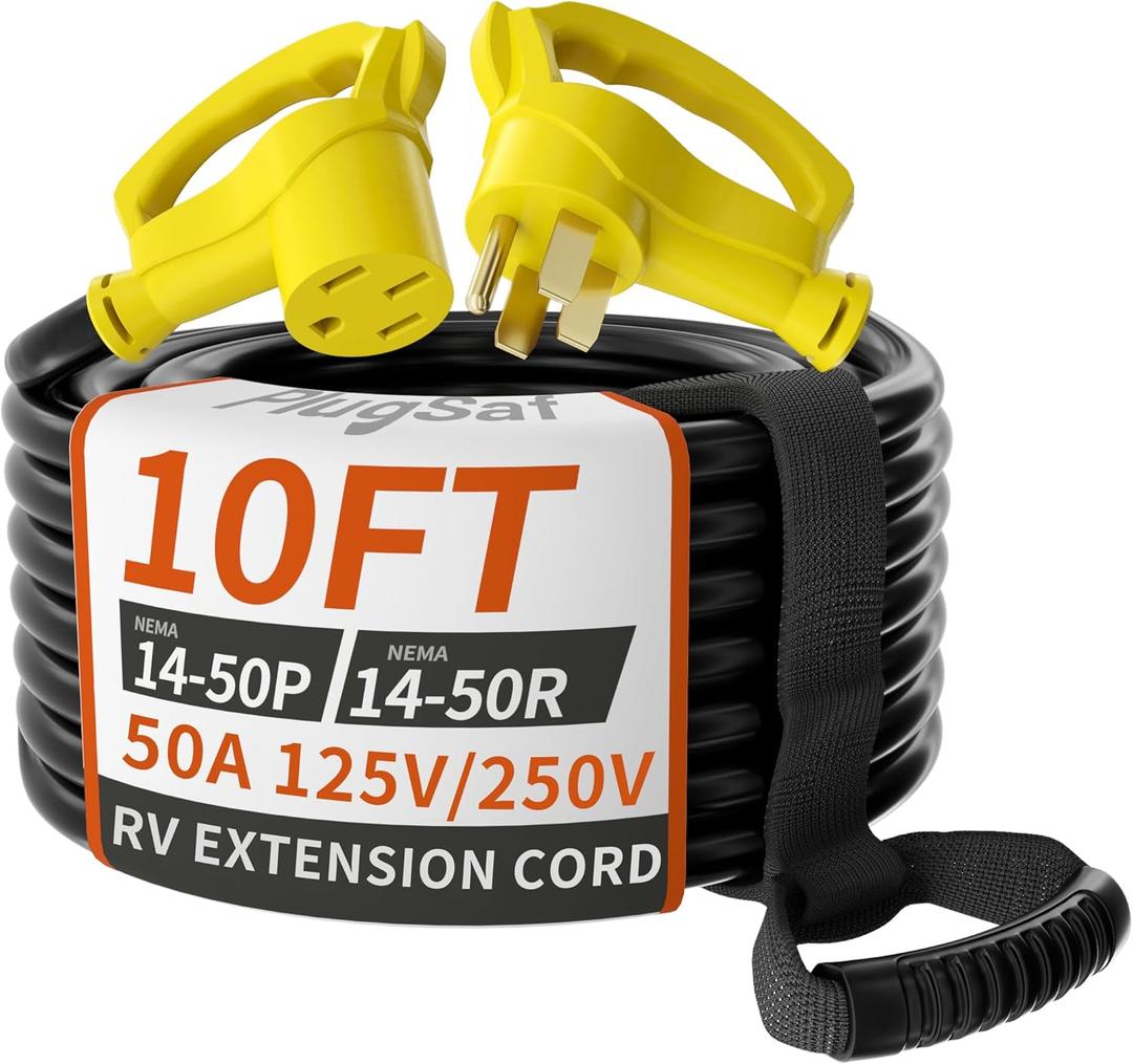 NEMA 14-50P/14-50R 10 FT 50 Amp RV/EV Extension Cord Outdoor with Grip Handle, 4 Prong Flexible Heavy Duty STW RV Power Cord Waterproof, 50A 125/250V 6250/12500W, Black-Yellow, ETL Listed