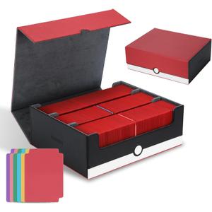 tombert Card Storage Box - 1800+ Capacity Case with 6 Dividers & Secure Magnetic Seal for TCG, MTG, YuGiOh, Sport Cards (3 Rows-White & Red)