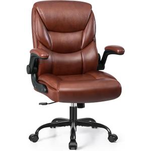 FelixKing Leather Office Chair, Small PU Ergonomic Desk Chairs, Comfy Computer Chair with Wheels and Flip-up Armrests, Adjustable Height Mid Back Executive Office Chairs for Short People - Brown