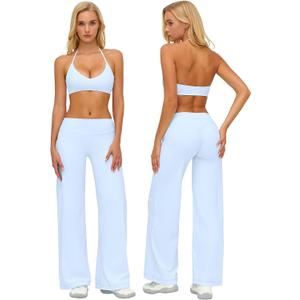 ABOCIW Two Piece Workout Sets for Women V Neck Halter Sports Bra Straight Leg Yoga Pants Gym Pilates Outfits (Blue, S)